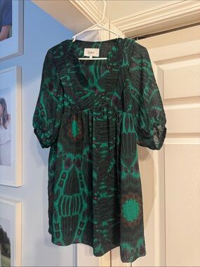ba&sh Emerald Green and Black Printed Babydoll Mini Dress